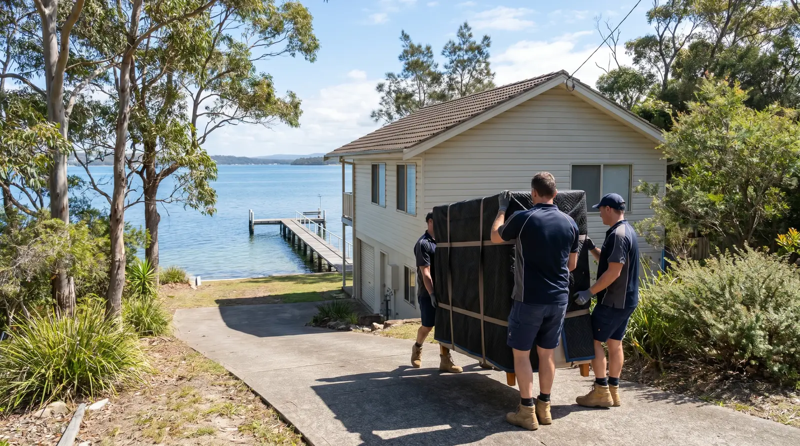 Three removalists carrying a wrapped piece of furniture down a sloping lakeside driveway, a jetty on Lake Macquarie behind
